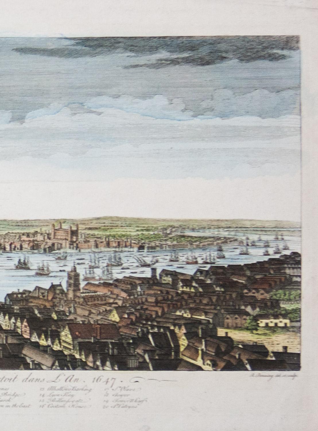 A View of London as it was in the Year 1647  is a hand colored copper engraving published by the well known British publisher and engraver John Boydell  (1720-1804) and engraved by R.Benning sold at Cheapside London 1756.  Panoramic view on two