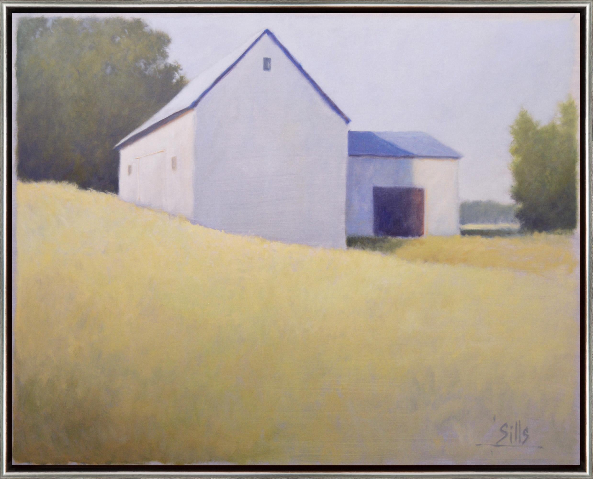 John Sills Landscape Painting - "Barn on Hill" Tranquil Painting of a Barn on a Hillside Landscape