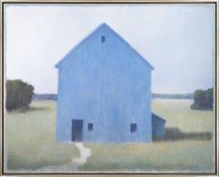 "Gray Barn" Painting of Single Tranquil Barn in Cool Tones on a Subtle Landscape