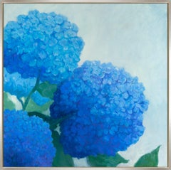 "Hortensien" Zeitgenössisches blaues Blumenstillleben gerahmtes Öl auf Leinwand Gemälde