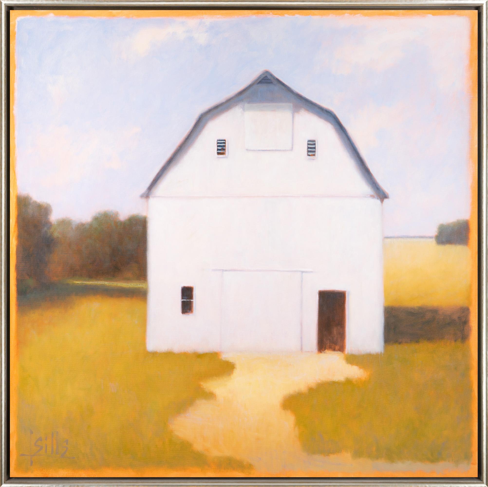 John Sills Landscape Painting - "White Barn II" Peaceful Painting of a Barn in a Field Landscape