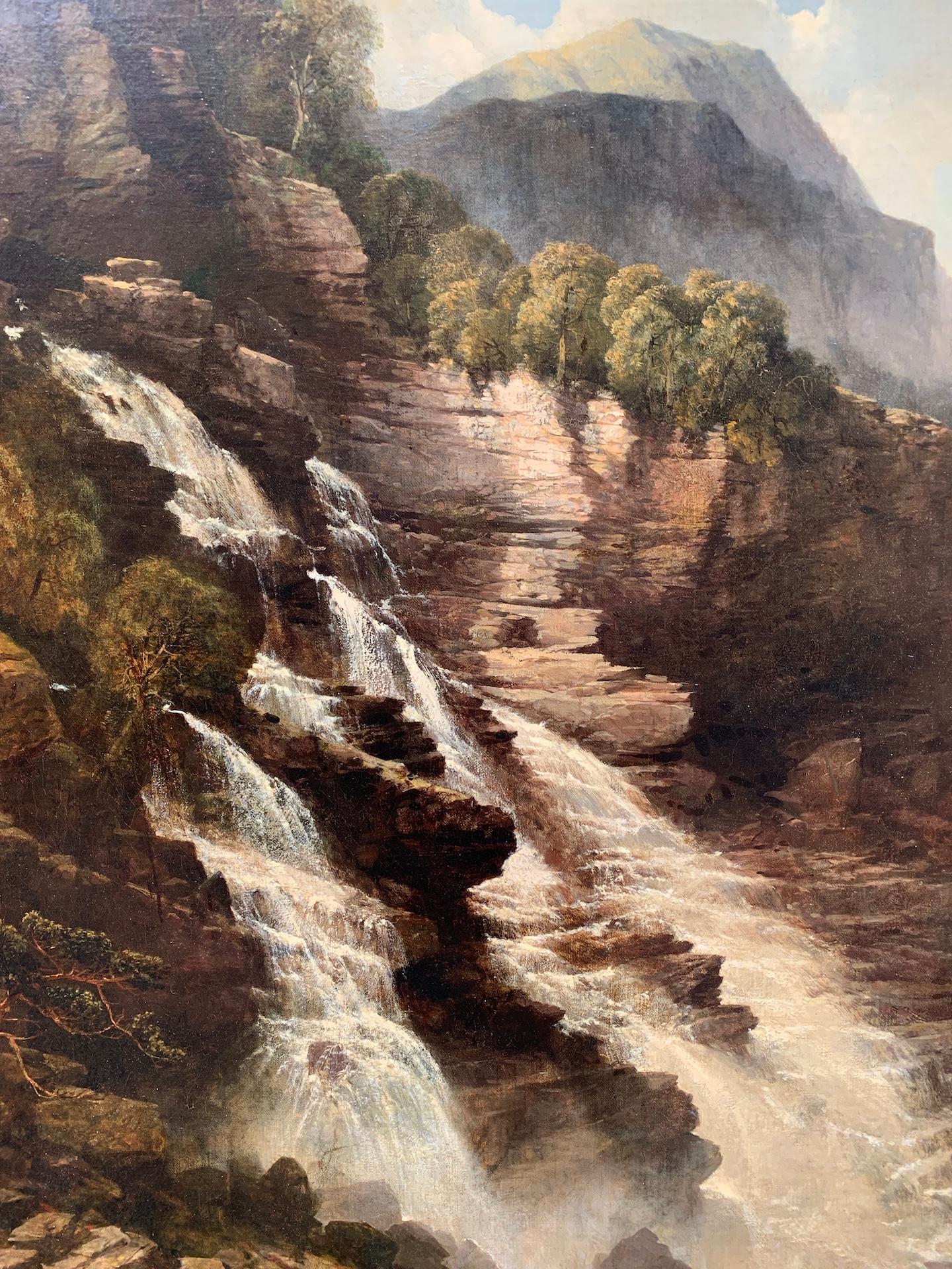 Antique 19th century English Victorian Waterfall scene landscape - Painting by John Brandon Smith