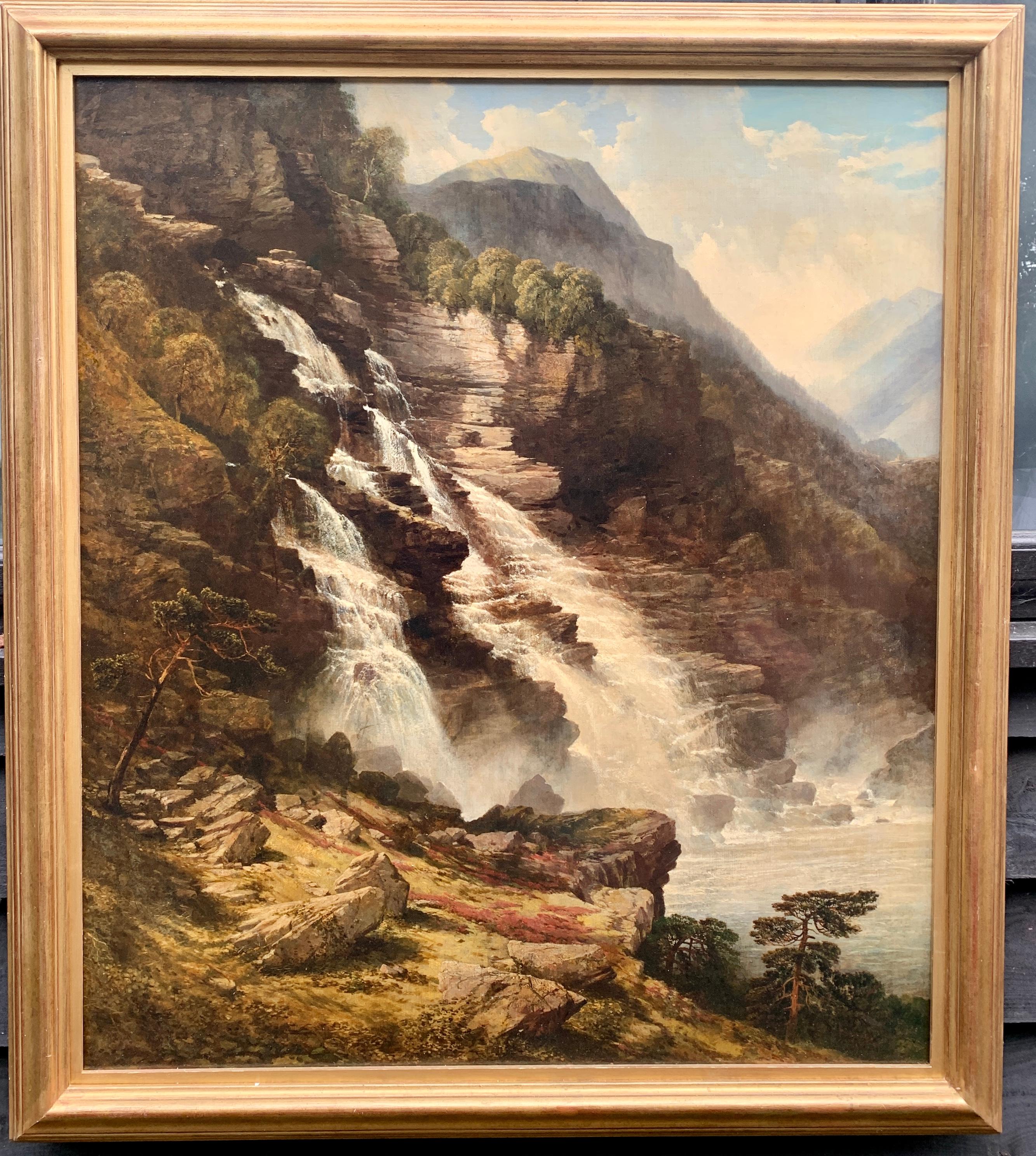 John Brandon Smith Figurative Painting - Antique 19th century English Victorian Waterfall scene landscape