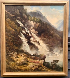 Antique 19th century English Victorian Waterfall scene landscape