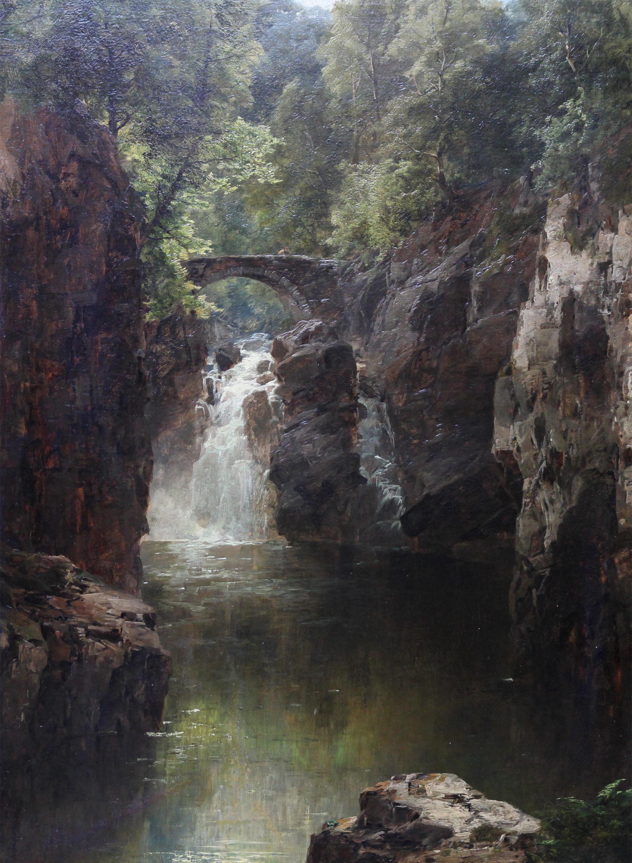 Devil's Bridge Wales - British Victorian oil painting Welsh waterfall riverscape - Painting by John Brandon Smith