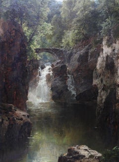 Devil's Bridge Wales - British Victorian oil painting Welsh waterfall riverscape