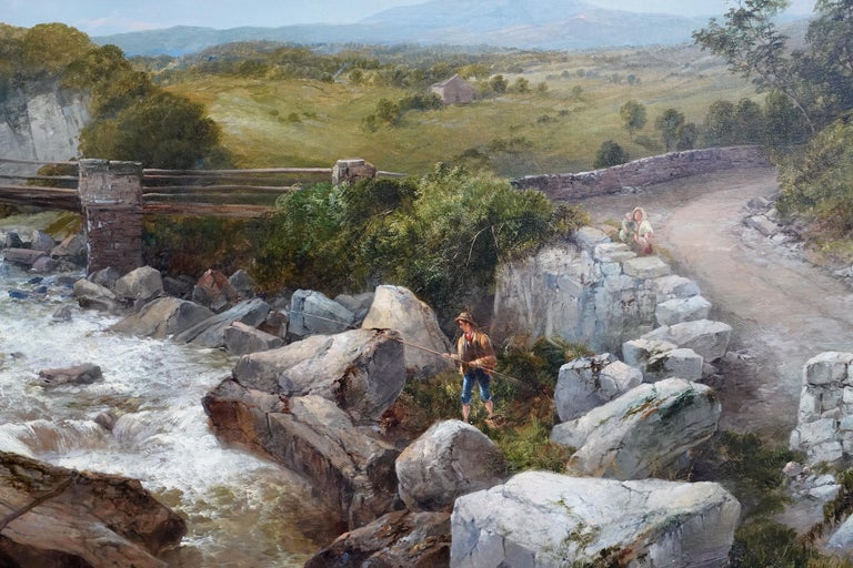 This superb very large British Victorian landscape oil painting is by much sought after landscape artist John Brandon Smith. Painted circa 1870 the composition is a rocky Scottish Highland river landscape painted from the perspective of the middle