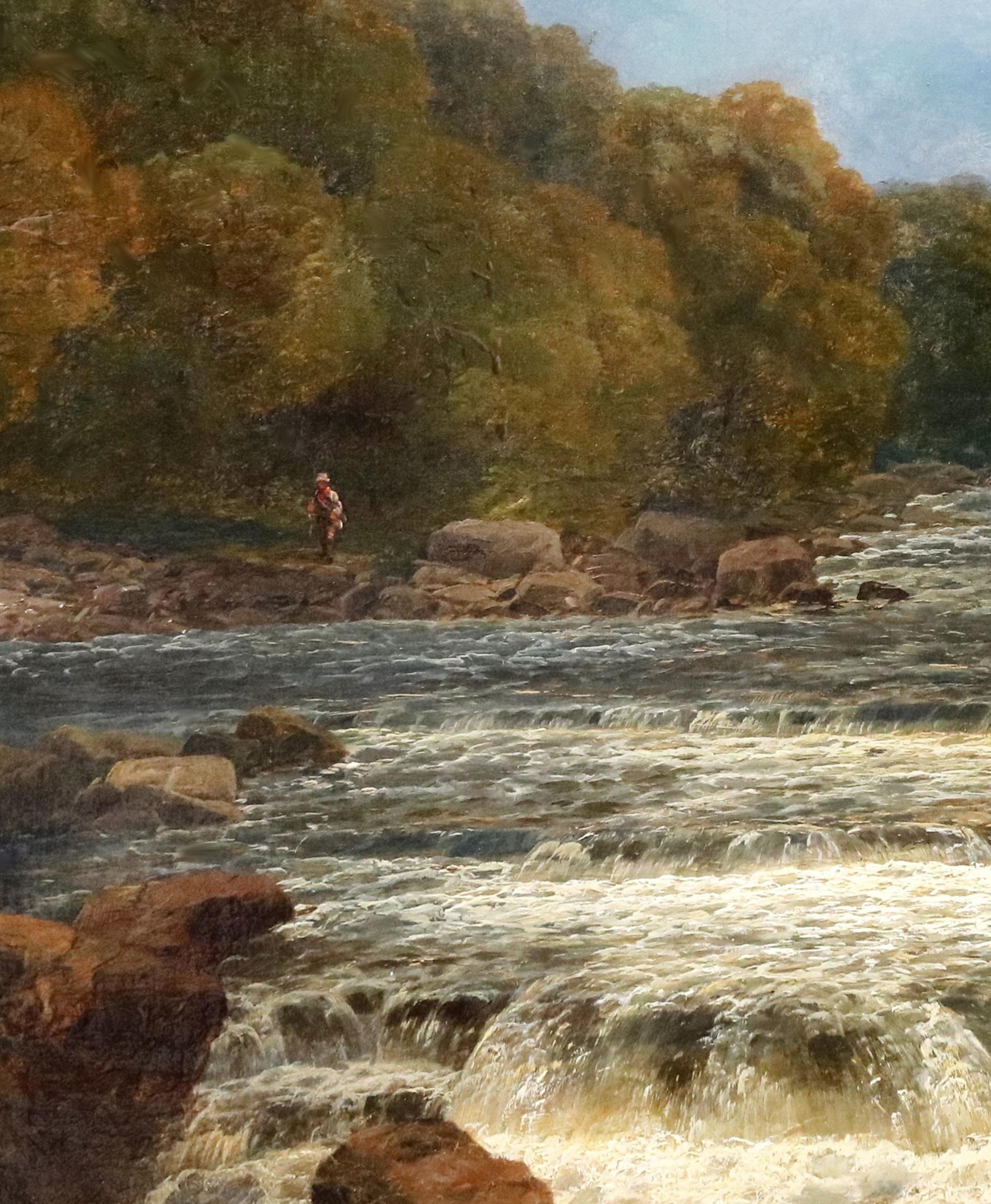 On the Dee, North Wales - 19th Century Landscape Oil Painting of Angler Fishing  - Brown Landscape Painting by John Brandon Smith