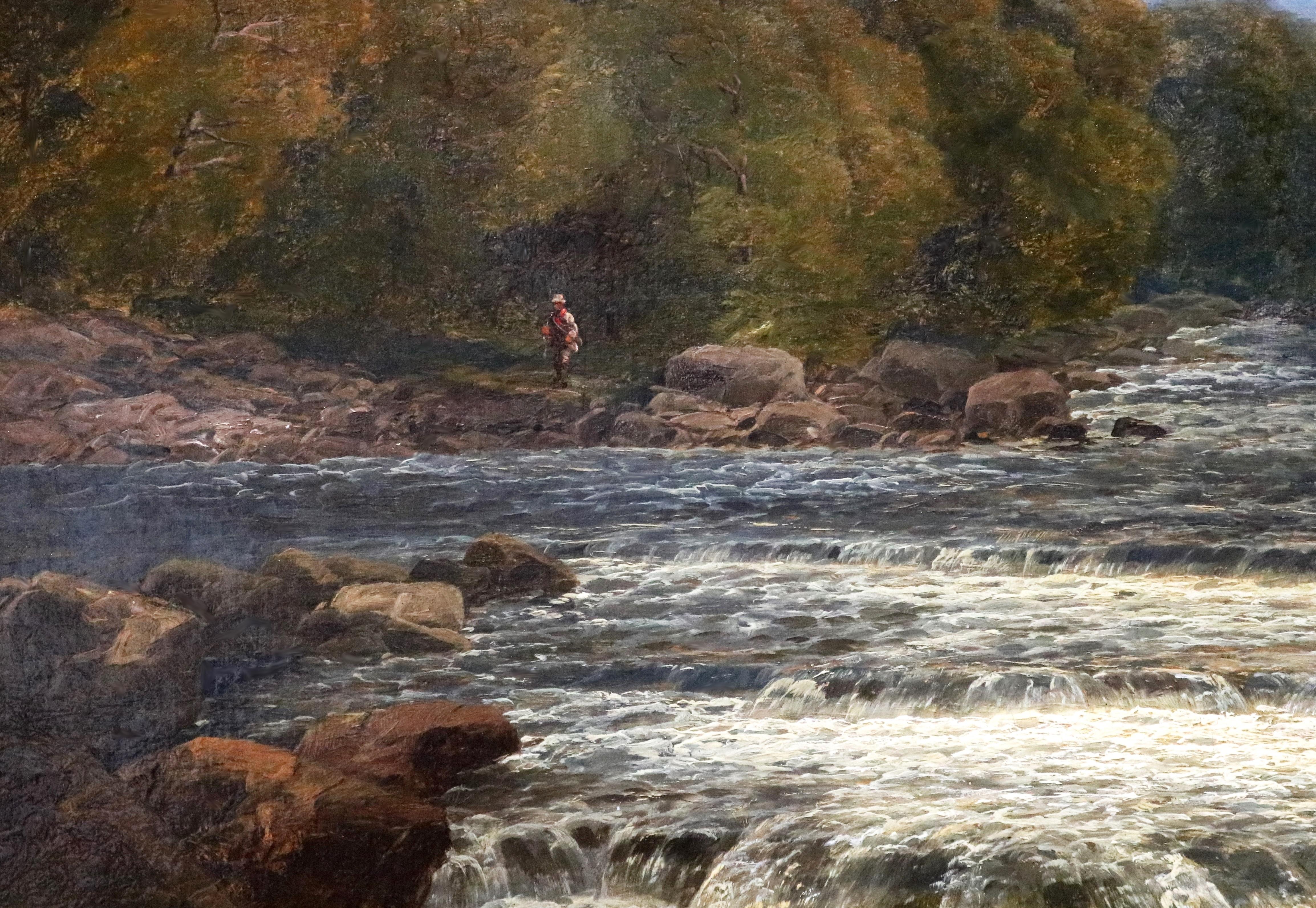 On the Dee, North Wales - 19th Century Landscape Oil Painting of Angler Fishing  1