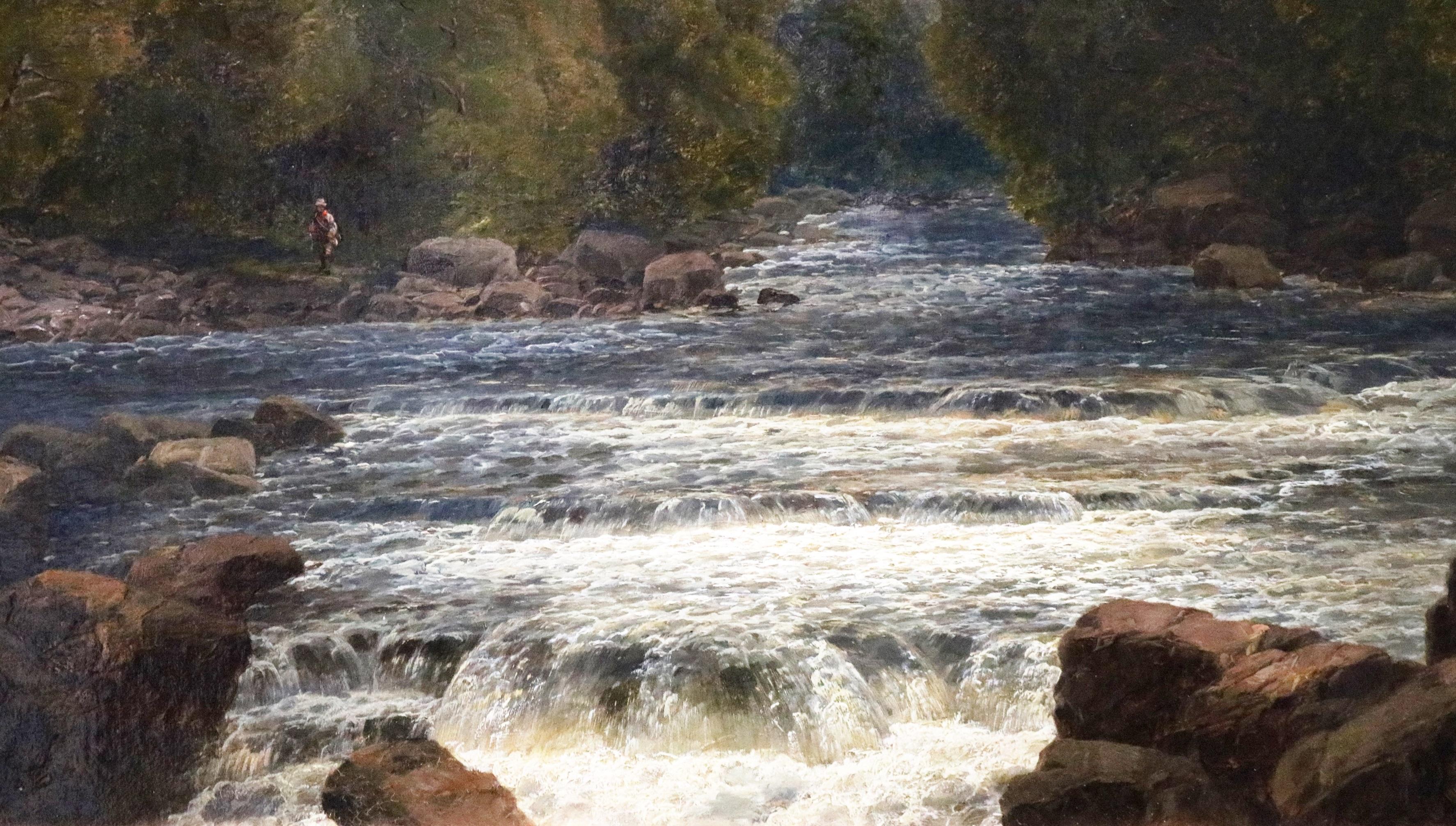 On the Dee, North Wales - 19th Century Landscape Oil Painting of Angler Fishing  2