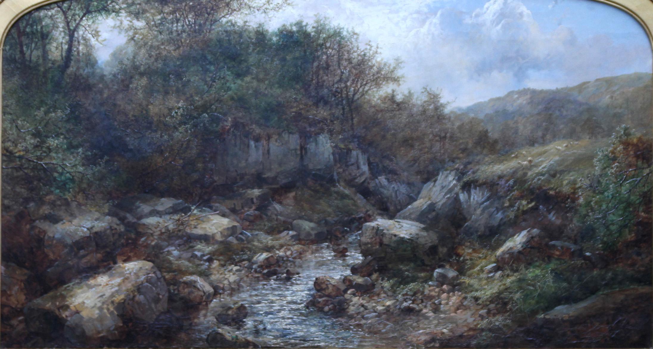 River Landscape - British art 19th century landscape oil painting - Painting by John Brandon Smith