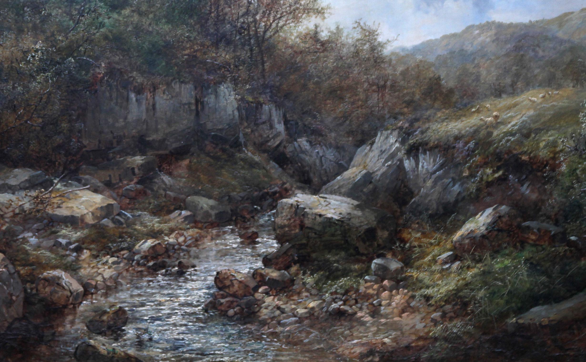 River Landscape - British art 19th century landscape oil painting - Black Landscape Painting by John Brandon Smith