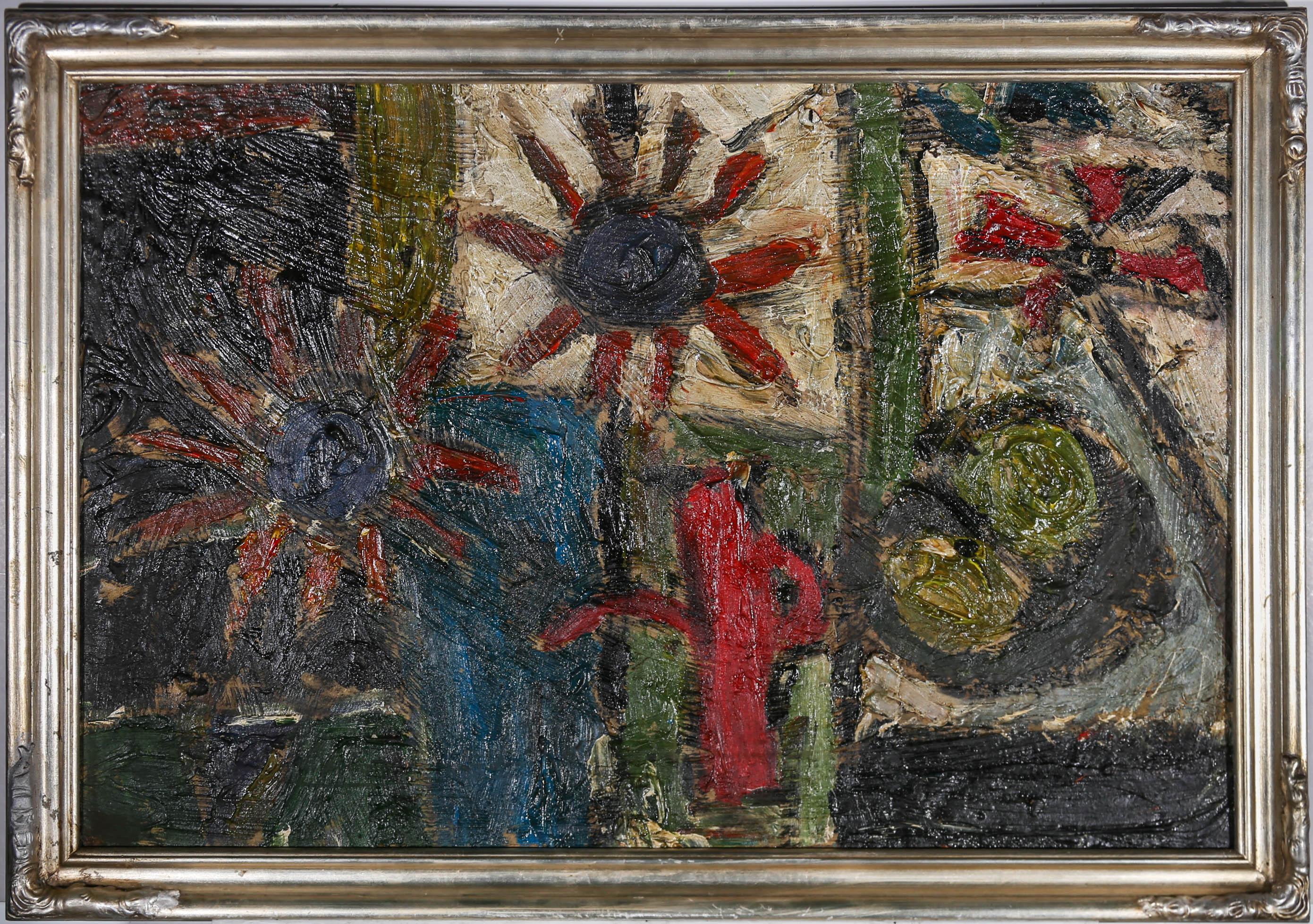 A striking 20th Century still life in confident semi abstracted impasto oil. The artist has used a heavily impasto ground to apply the paint to, adding depth and movement to the piece. The painting has been presented in a 20th Century silver gilt