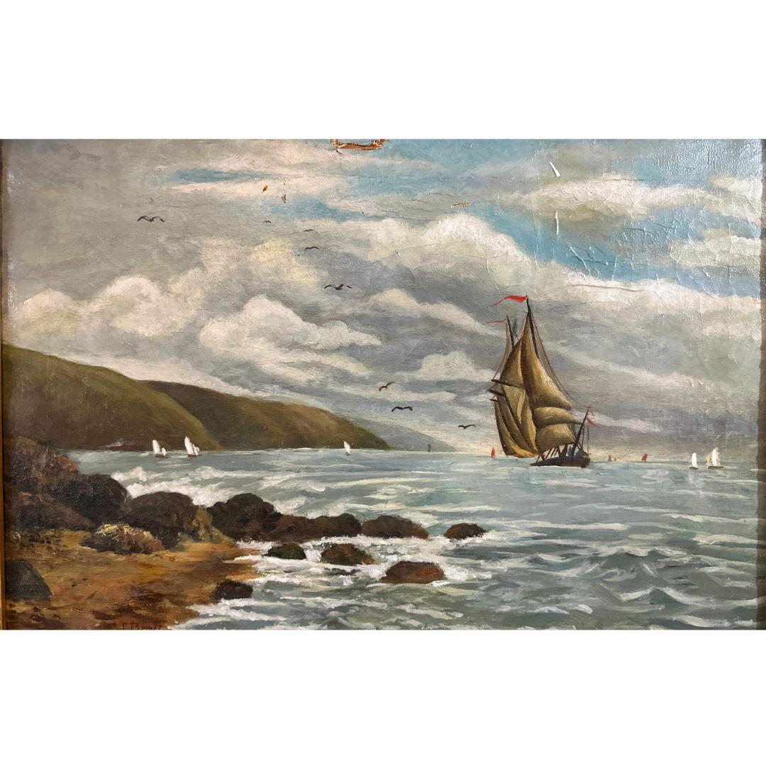 Seafaring Tranquility: Eine präraffaelitische Szene, Ölgemälde auf Leinwand, signiert – Painting von John Brett