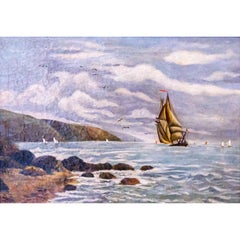 Seafaring Tranquility: A Pre-Raphaelite Scene Oil Painting on Canvas, Signed