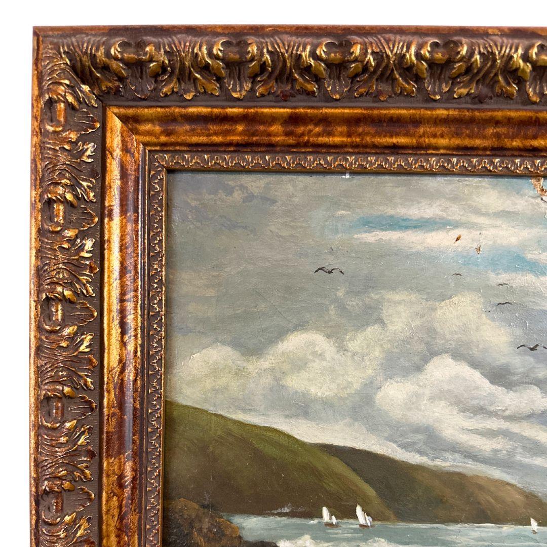 Seafaring Tranquility: Eine präraffaelitische Szene, Ölgemälde auf Leinwand, signiert (Braun), Landscape Painting, von John Brett
