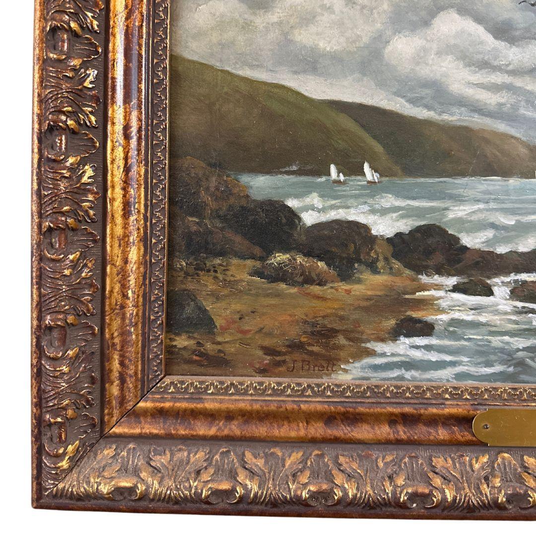 Seafaring Tranquility: A Pre-Raphaelite Scene Oil Painting on Canvas, Signed - Brown Landscape Painting by John Brett