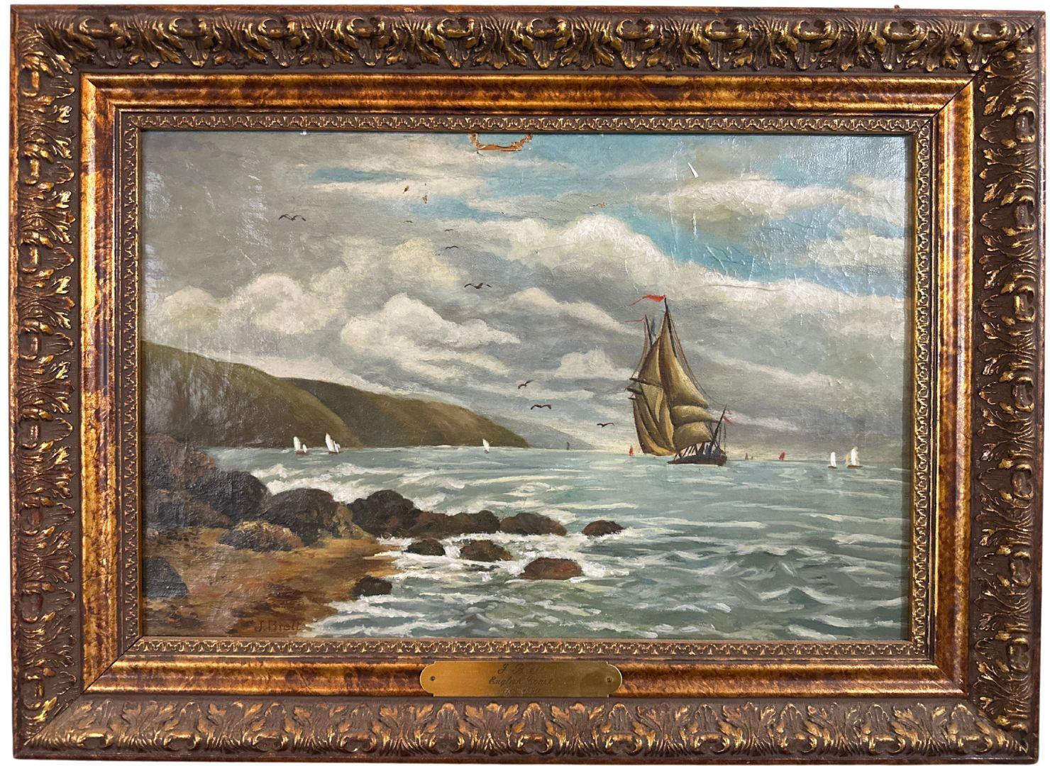 John Brett Landscape Painting – Seafaring Tranquility: Eine präraffaelitische Szene, Ölgemälde auf Leinwand, signiert