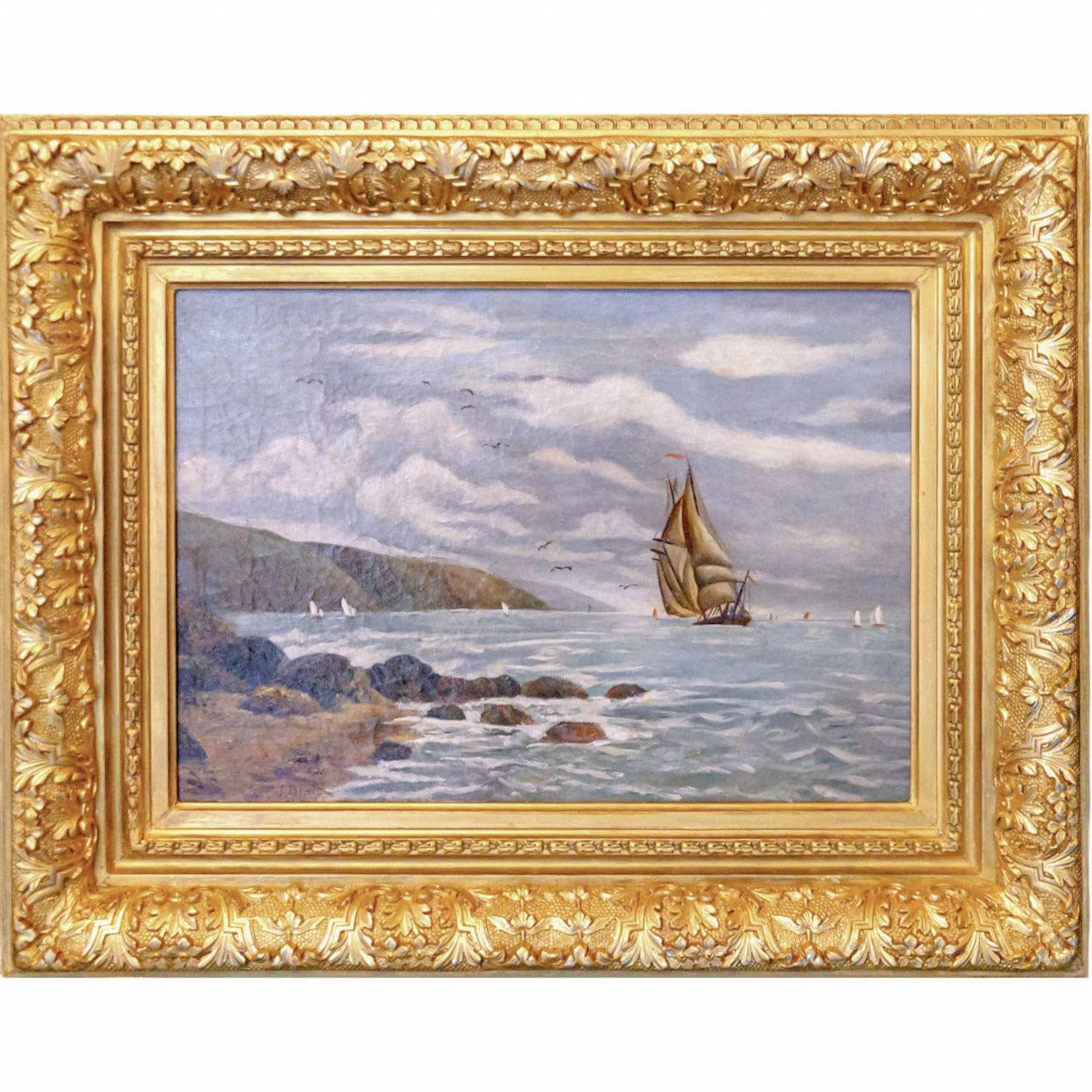 John Brett Landscape Painting - Seafaring Tranquility: A Pre-Raphaelite Scene Oil Painting on Canvas, Signed