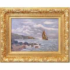 Antique Seafaring Tranquility: A Pre-Raphaelite Scene Oil Painting on Canvas, Signed
