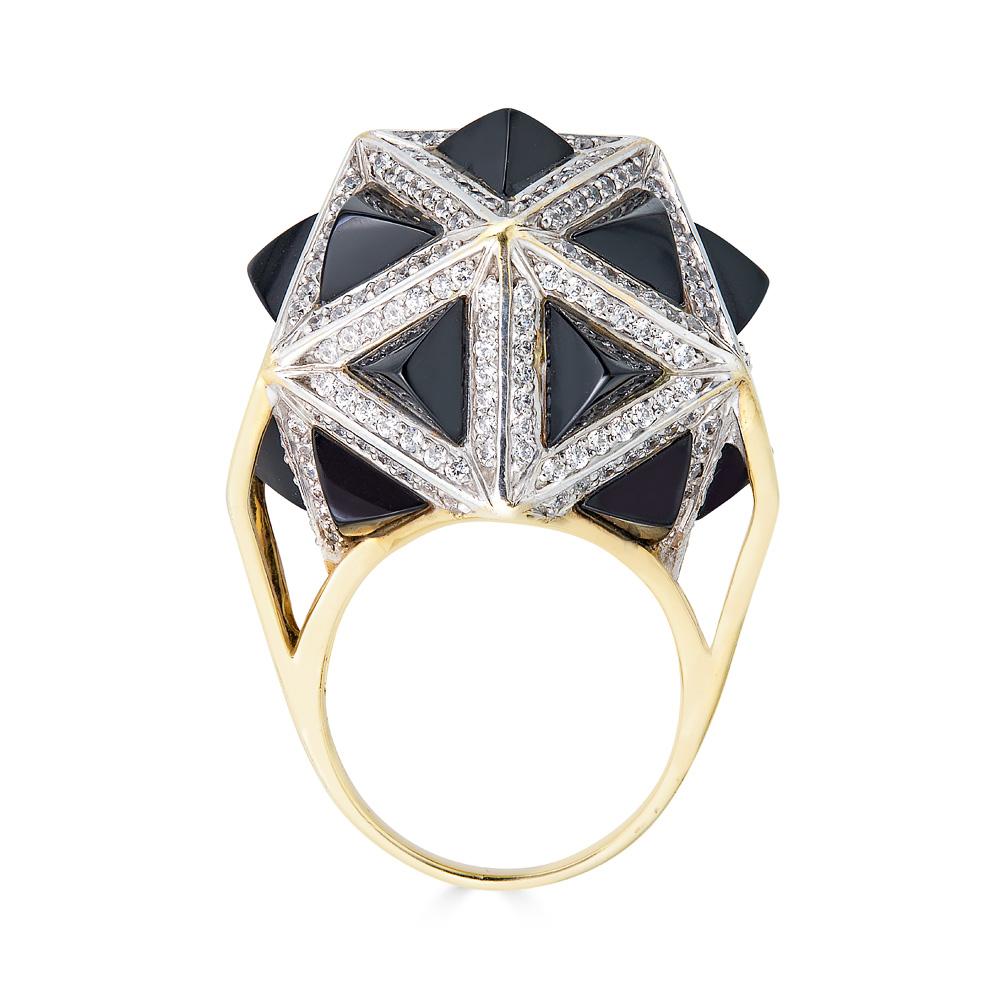 John Brevard One of a Kind White Diamond Black Sapphire Pyramids Gold Ring For Sale 3