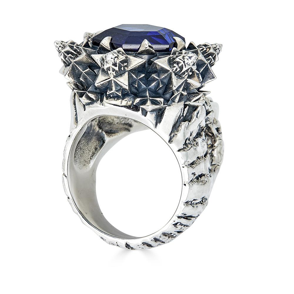 Modern John Brevard THOSCENE Deep Blue Sapphire Silver Skull Ring For Sale