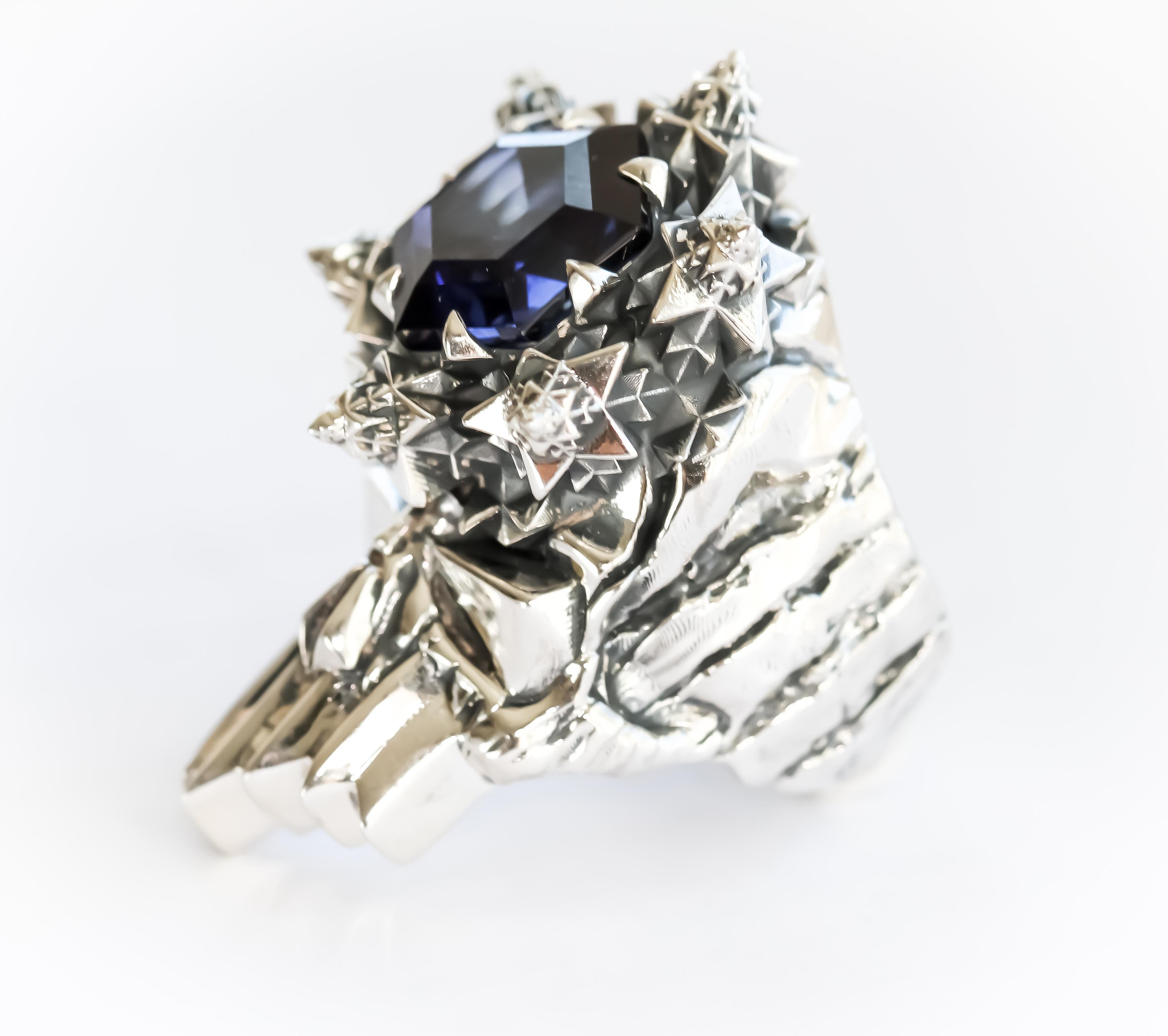 Round Cut John Brevard THOSCENE Deep Blue Sapphire Silver Skull Ring For Sale