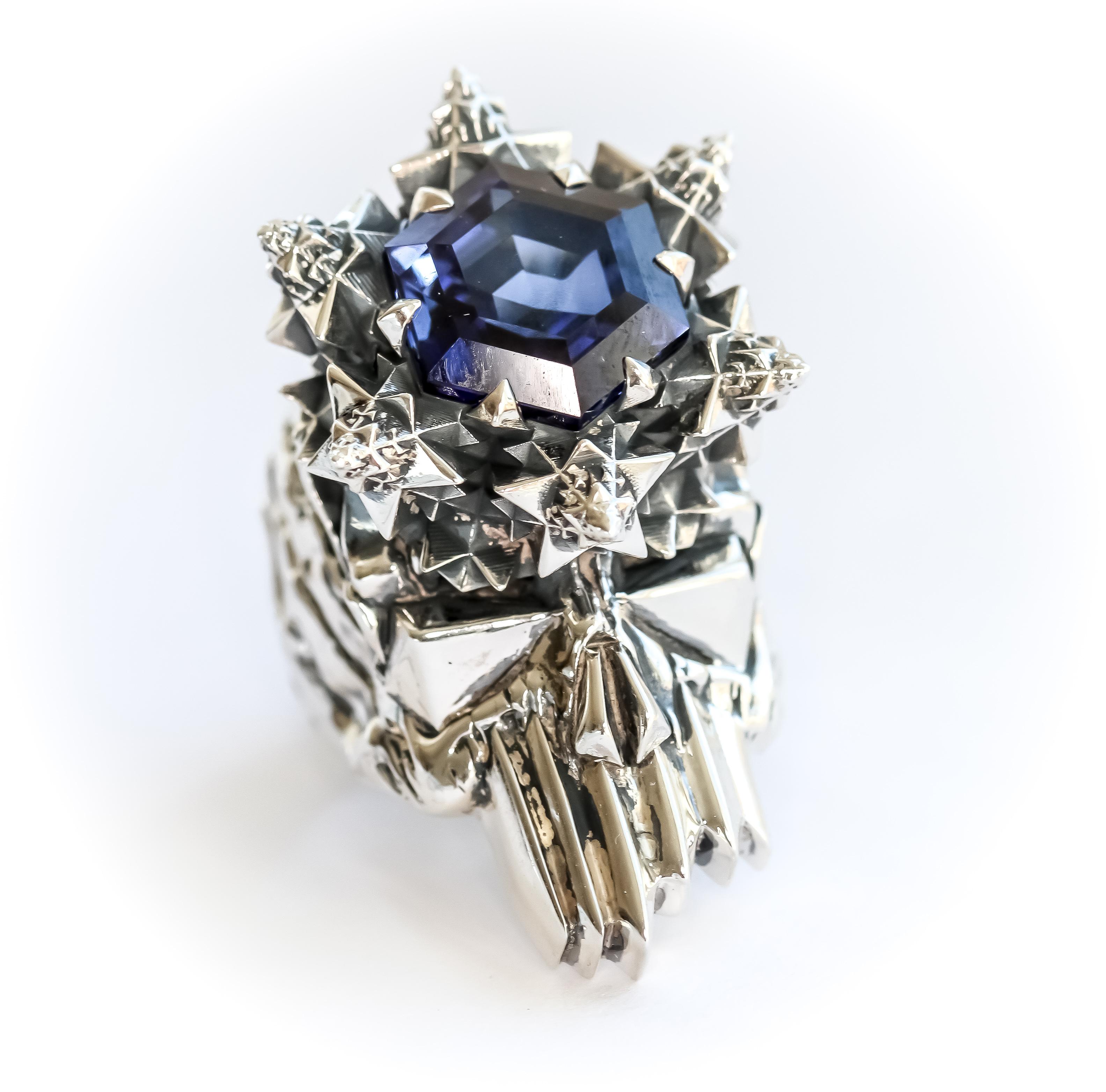 Women's or Men's John Brevard THOSCENE Deep Blue Sapphire Silver Skull Ring For Sale