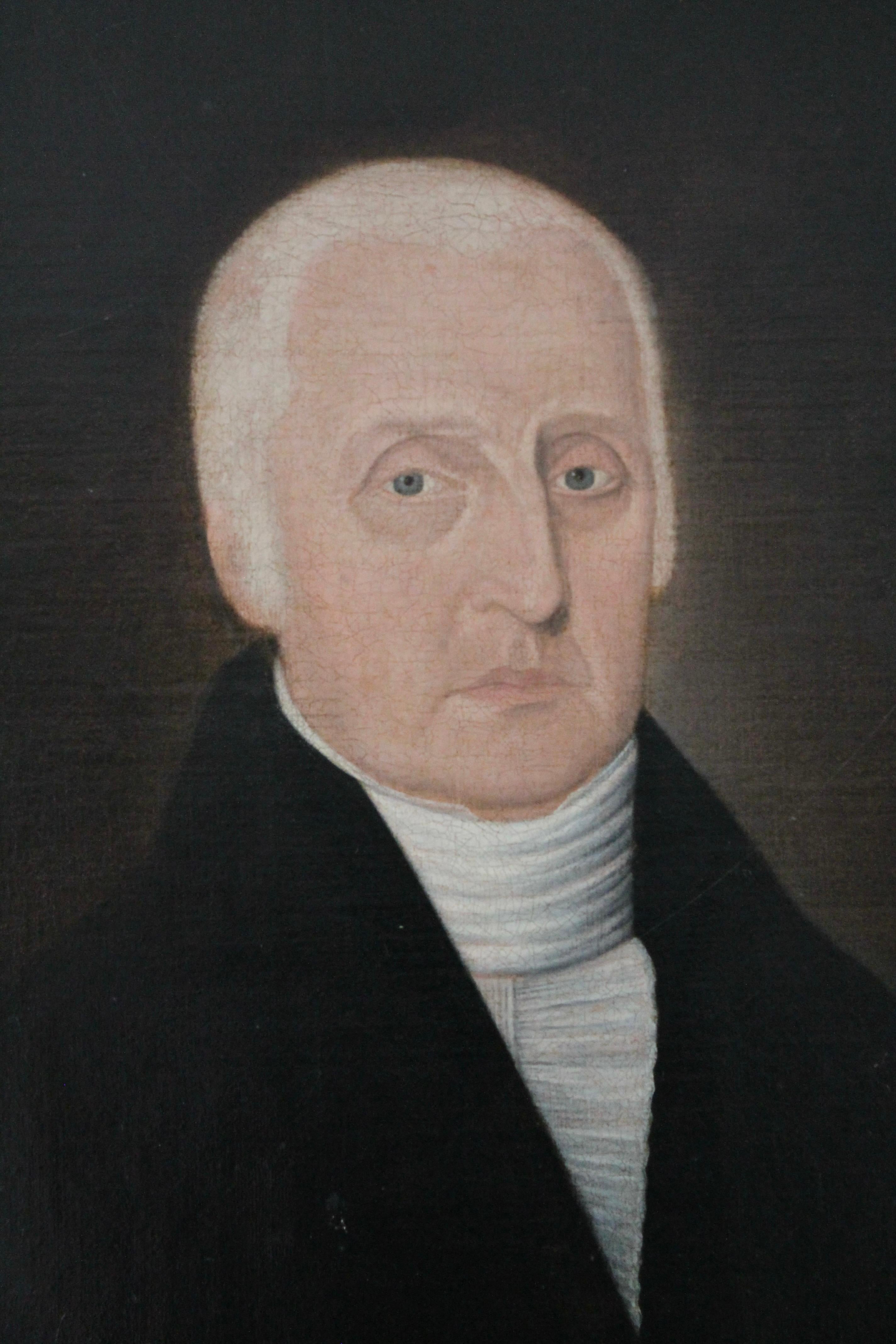 Identity of the sitter ( Dr.Jostan Osgood 1742-1812) given on an old label on back.
Unique to Brewsters' paintings is an air of silence and stillness. He also
captures the  spirit and character of his sitters. The pink and white
against the black