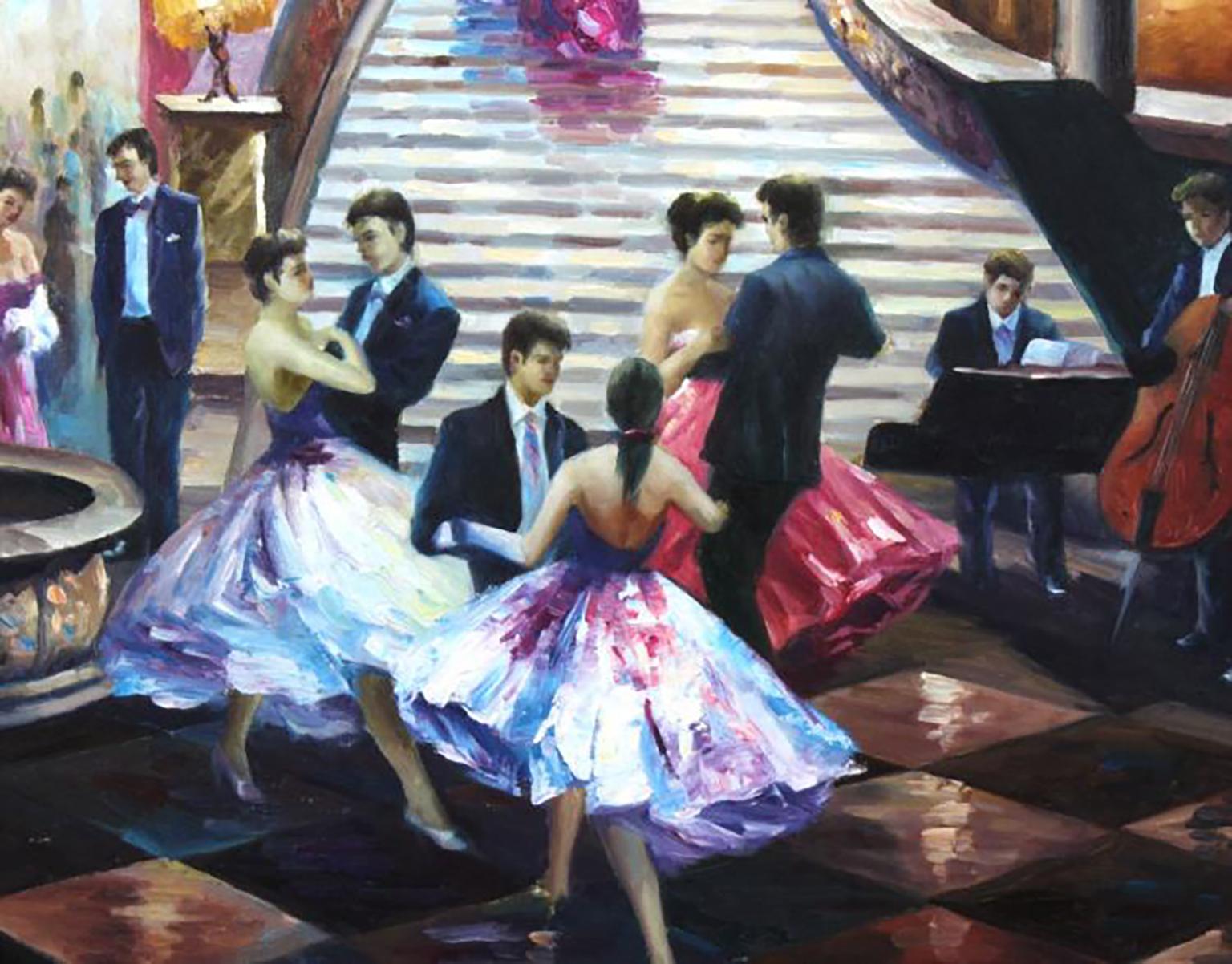 Signed J. Brooks Ballroom Scene Art Oil Painting - Beige Figurative Painting by John Brooks