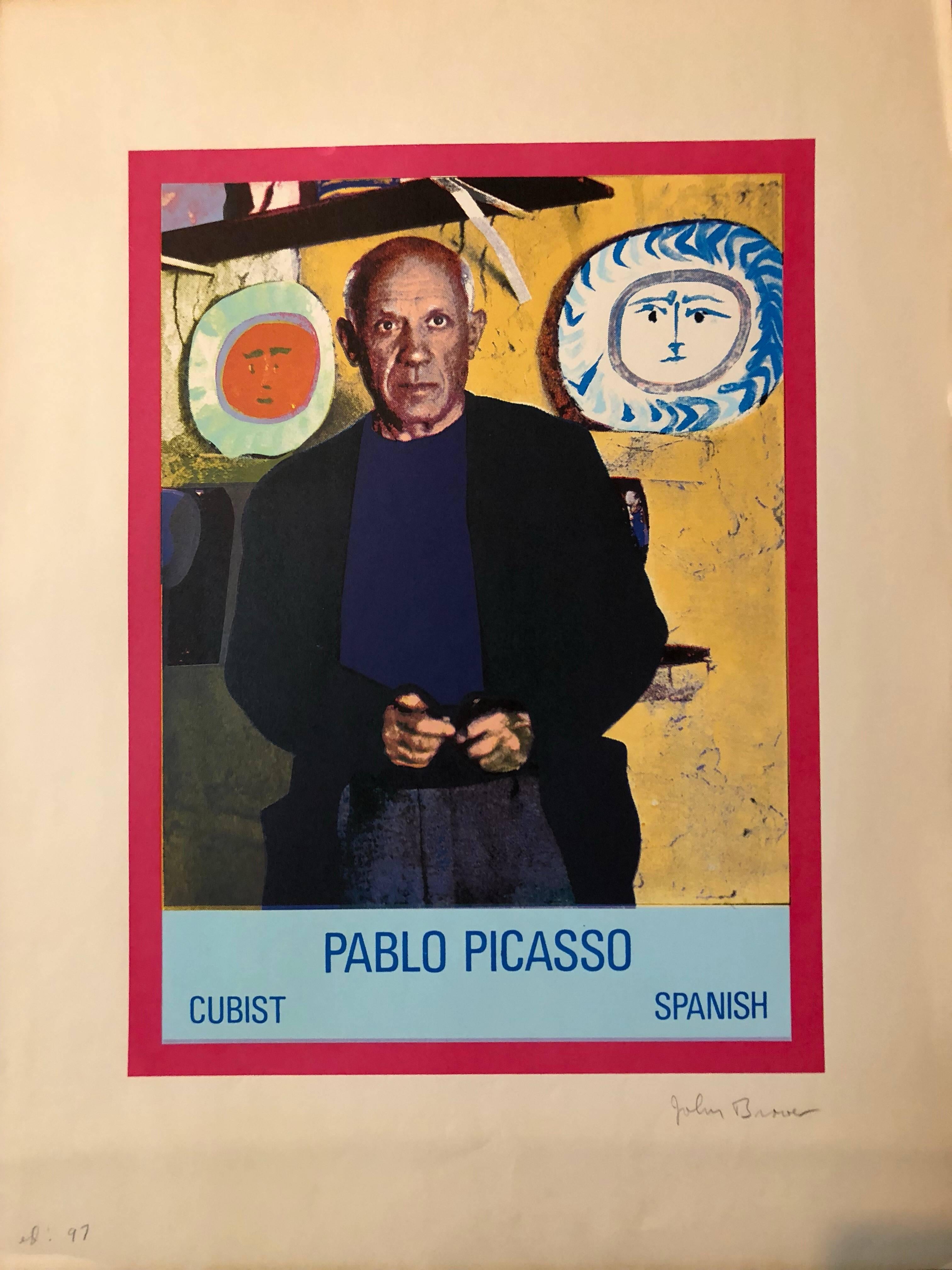 Dies ist für ein Foto Siebdruck Serigraphie ist es betitelt Pablo Picasso Kubist Spanisch. leichte Knitterung auf Papier außerhalb des Bildes

John Brower arbeitete 12 Jahre lang in Chicago als Plakatgestalter. Er lehrte Kunst am Alverno College in