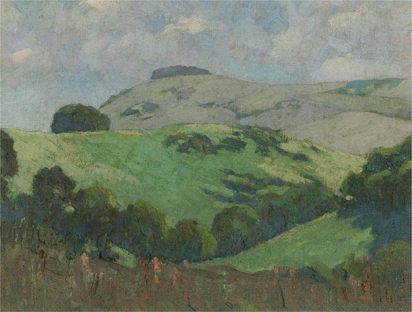 A fine early 20th Century (c.1940) landscape in Impressionist oil, showing a verdant landscape with rolling green hills under a blue sky. The artist has initialed and indistinctly inscribed to the lower right corner. The painting has been presented