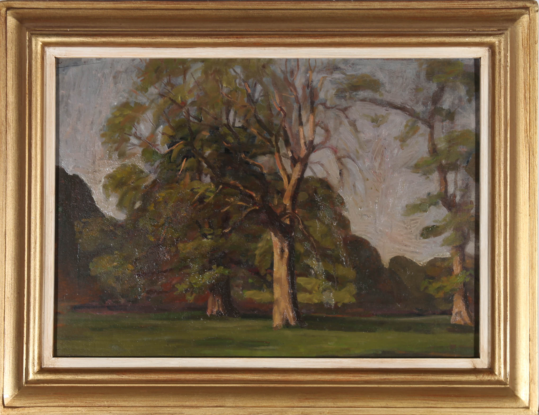 This charming oil study depicts a tranquil park scene in a mid-century style. The artist uses a muted palette and gestural brushwork to create a pleasant scene that is full of movement and depth. Signed with a small monogram to the lower right.