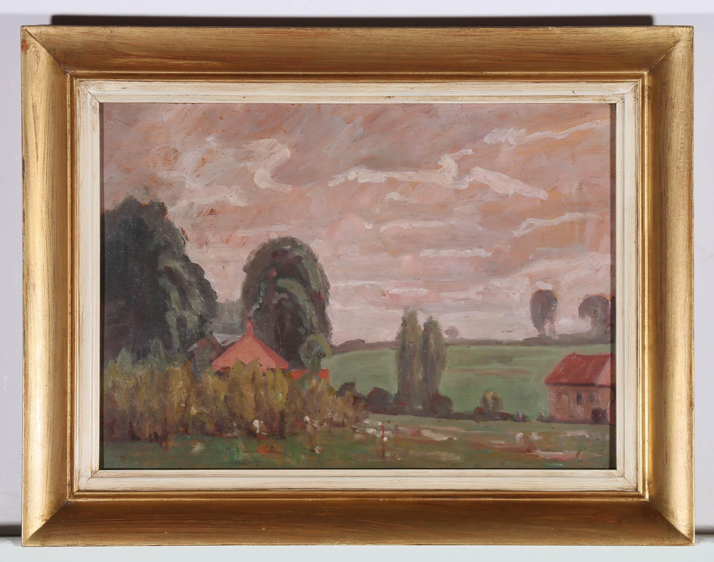 John Brown (1887-1966) - Olio della metà del XX secolo, Tramonto sulla fattoria 1
