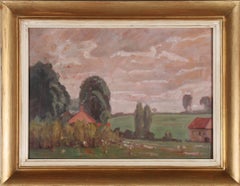 John Brown (1887-1966) - Óleo de mediados del siglo XX, Atardecer sobre la granja