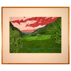 John Brunsdon Mountain Farm Signed Watercolor Modern Fauvist Color Field Scape John Brunsdon Mountain Farm Signed Watercolor Modern Fauvist Color Field Scape
