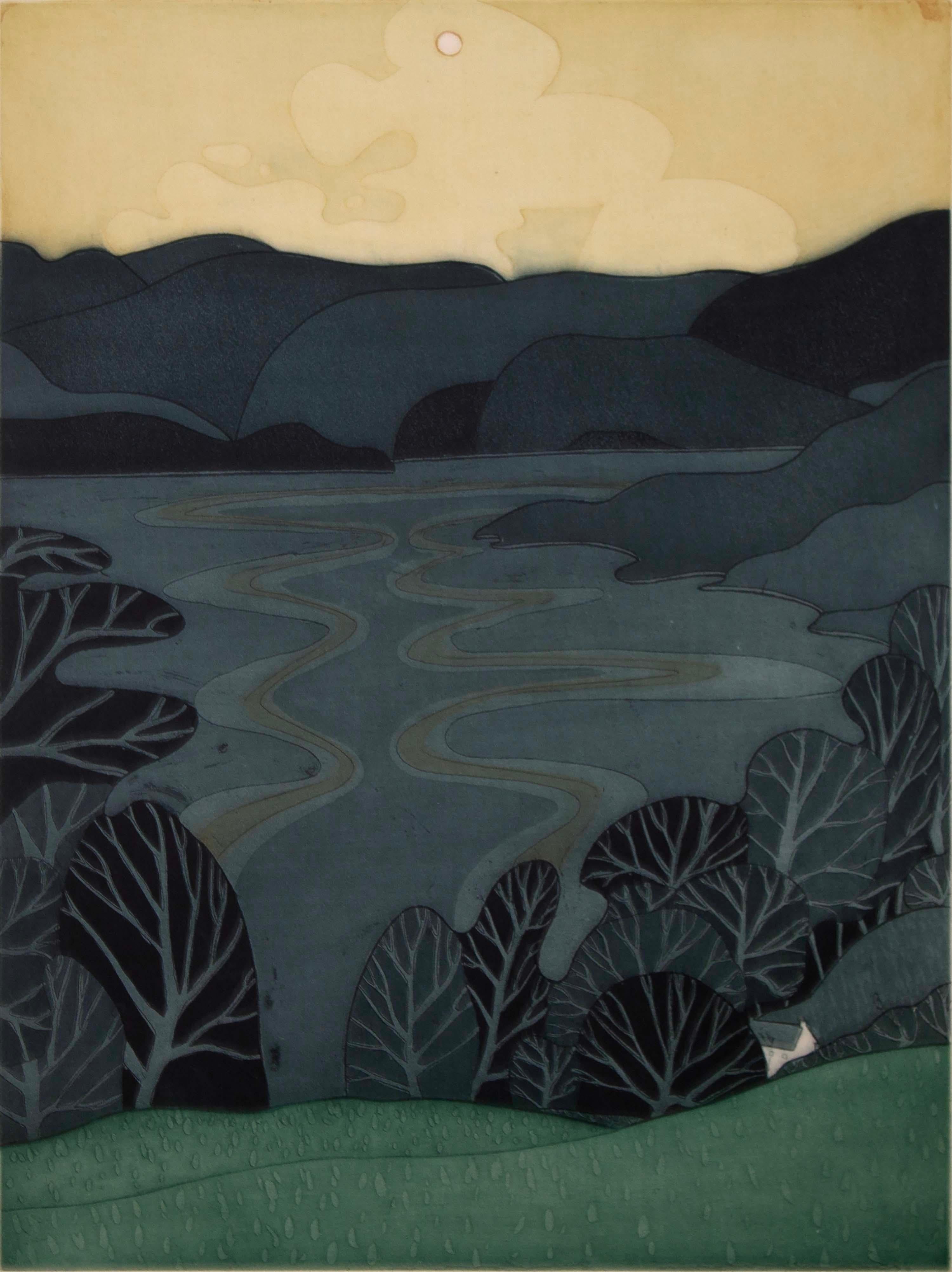 A soothing etching on paper titled “Windermere” by John Brunsdon. Hand signed in pencil on the bottom right, titled bottom left, and annotated A.P. 5/17 mid bottom. Published in 1973. Original gallery tag on verso. A modern depiction of the famous