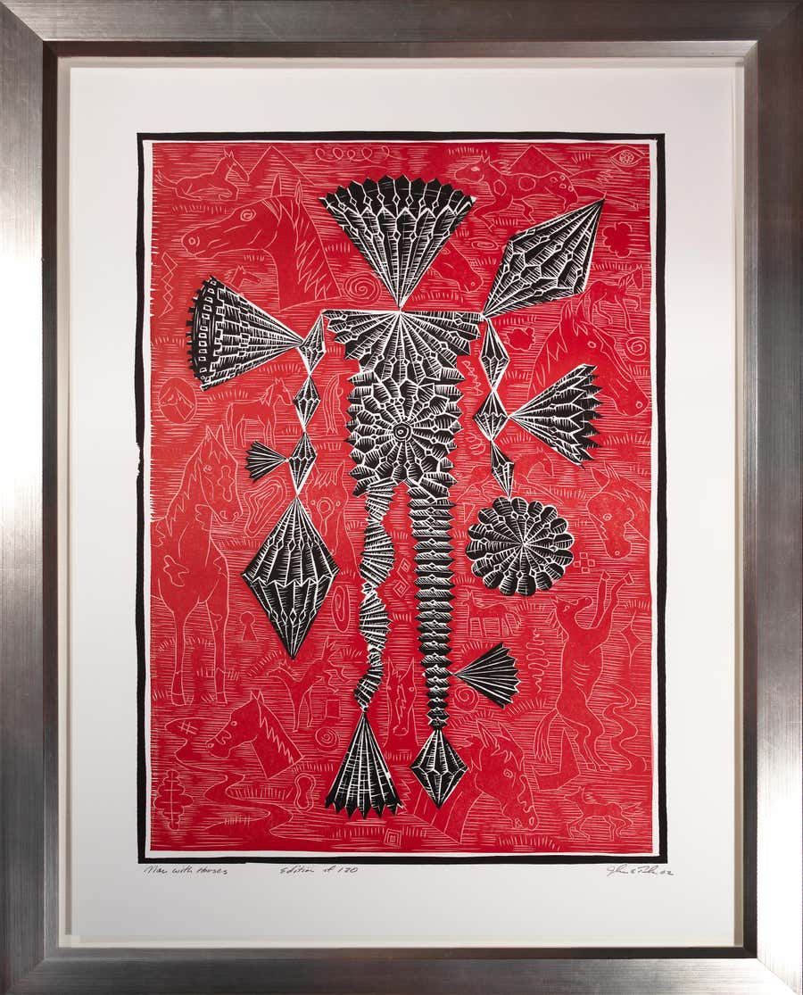 "Man With Horses, " a Relief Print signed by John Buck
