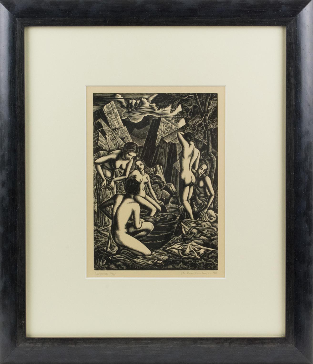 This elegant wood-engraving charcoal drawing lithograph print was designed by John Buckland-Wright (1897-1954). The piece is signed, dated, titled, and numbered in pencil on the margin. The drawing has a signature inside the scene with a