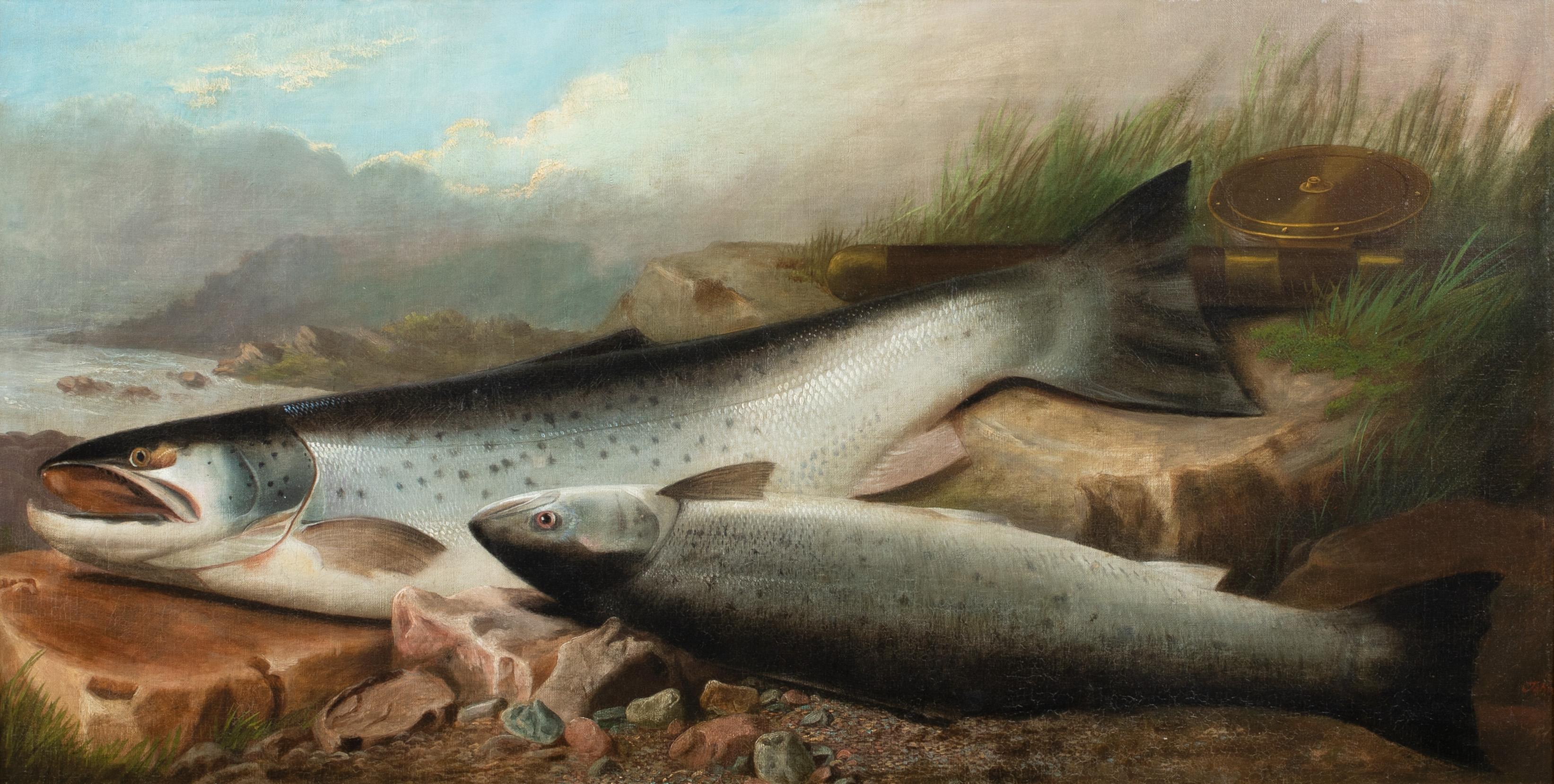 John Bucknall Russell Still-Life Painting - Salmon By The Loch, 19th century 
