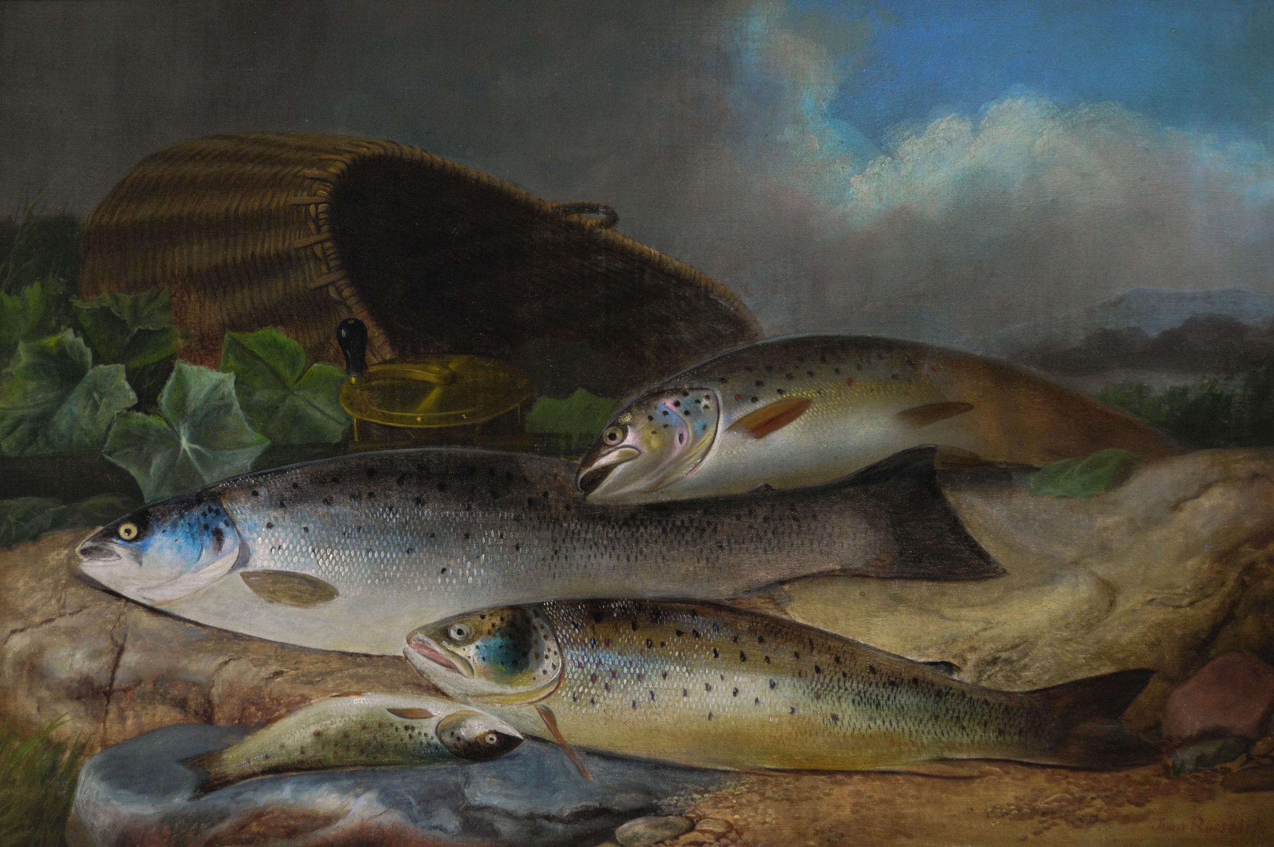 19th Century sporting oil painting of salmon & trout  - Painting by John Bucknell Russell