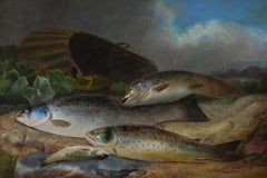 19th Century sporting oil painting of salmon & trout