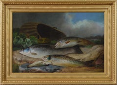 Peinture à l'huile du 19e siècle représentant un saumon et une troupe