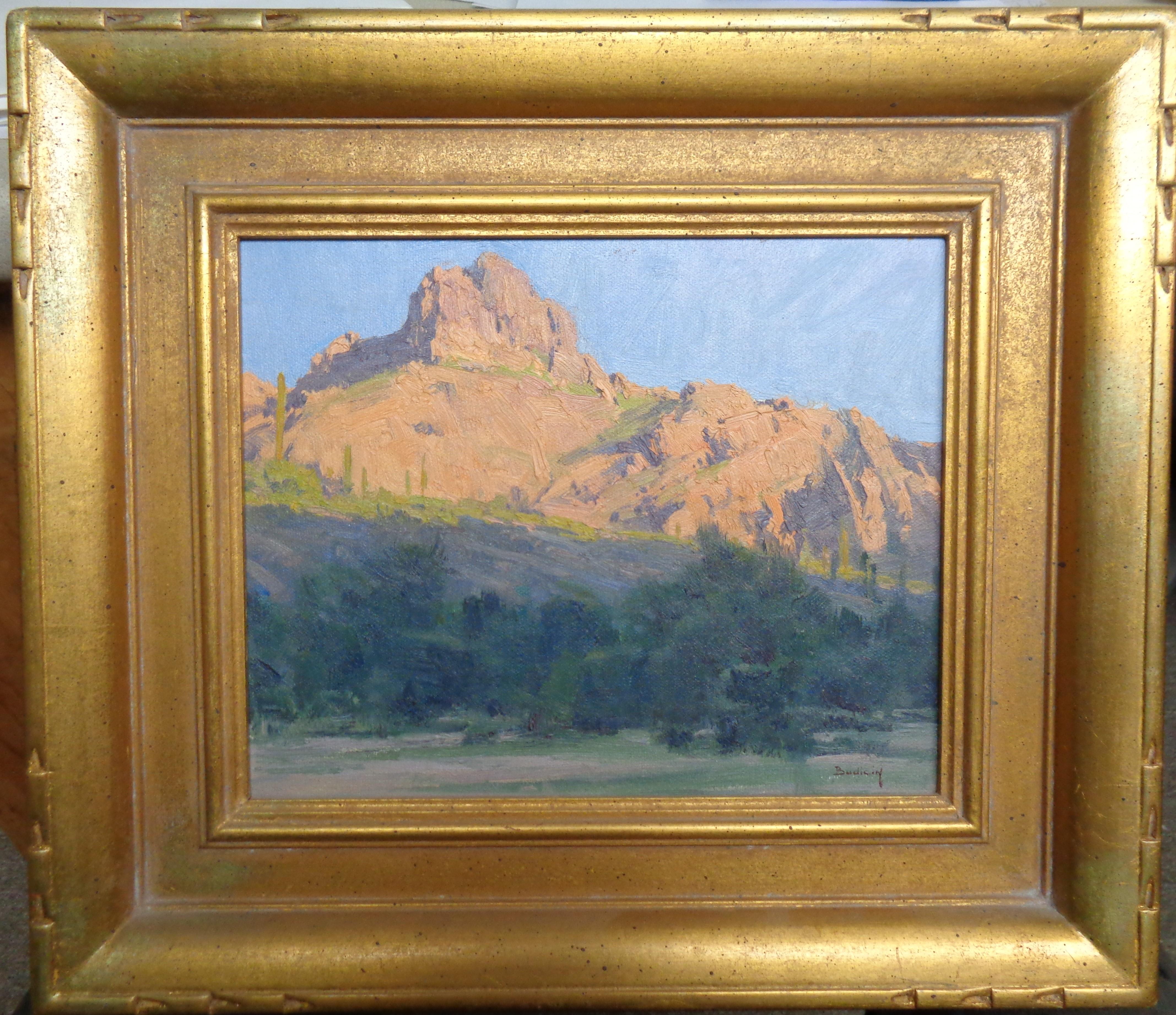 In the Canyon
oil/canvas laid to panel
image 8 x 10
Purchased from the artist in 2003. This is a beautiful plein air painting done in Scottsdale at Bulldog Canyon. This is one of two Budicin painting I have listed here available for purchase.

Born