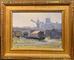 John Budicin Working on the Train Oil Painting Industrial Landscape