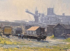 John Budicin Working on the Train Oil Painting Industrial Landscape