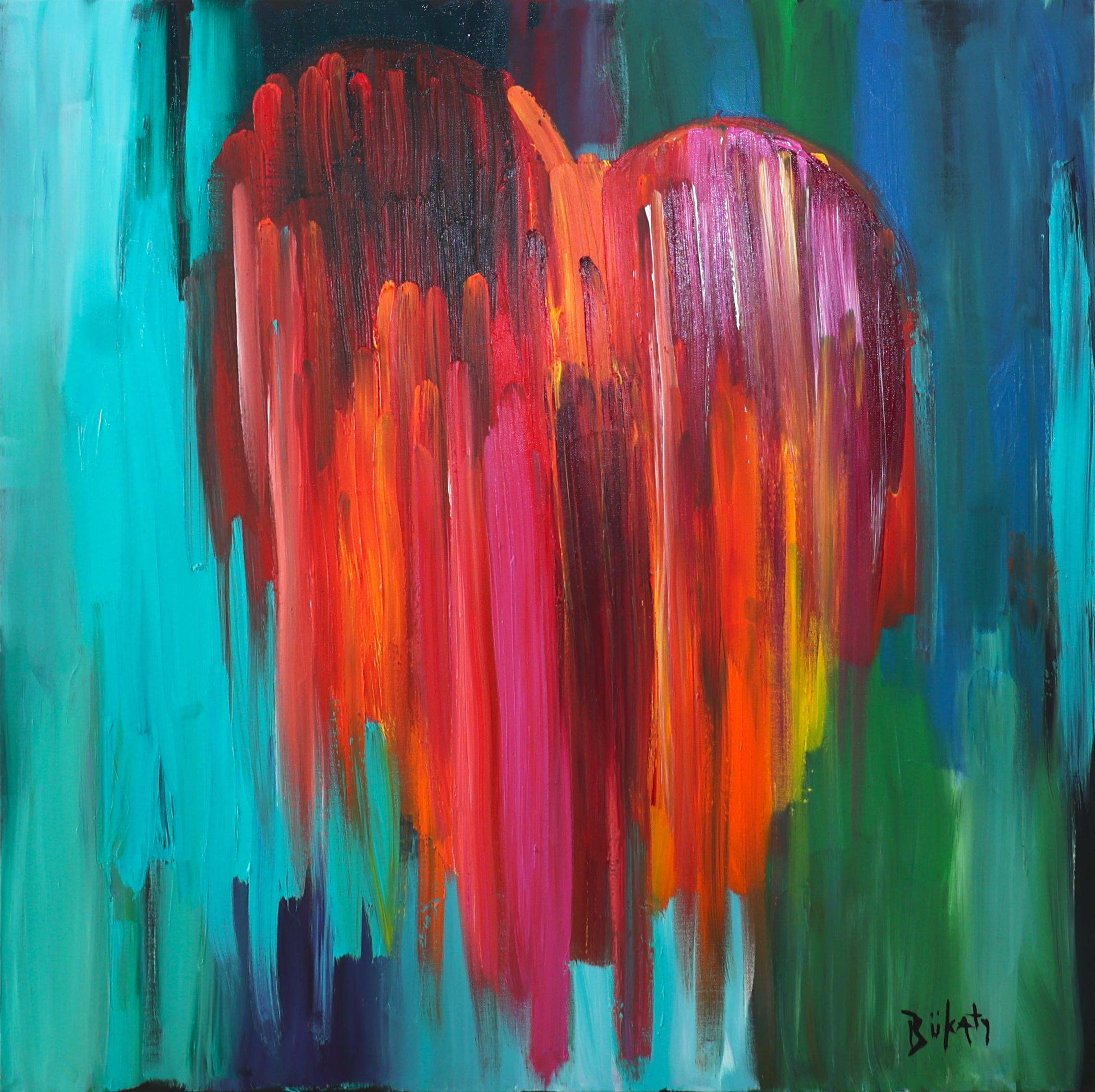 This one-of-a-kind original abstract painting by contemporary artist John Bükati features a bold and expressive heart shape created with energetic strokes of red, orange, magenta, and pink, set against a richly layered turquoise and teal background.