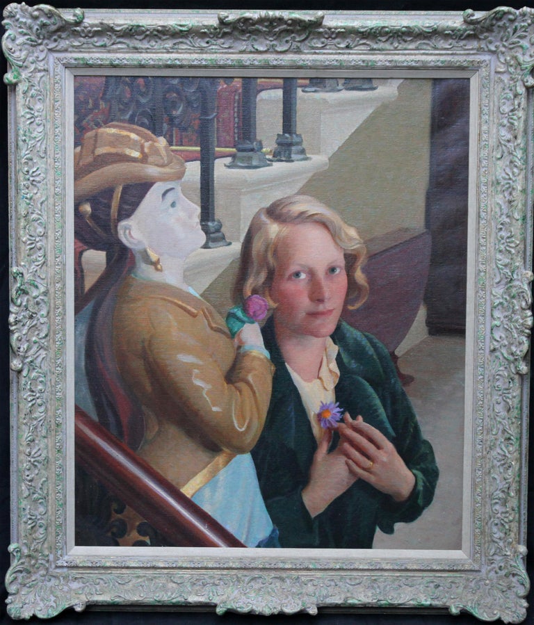 Countess of Cranbrook with Statue - Scottish 30's Art Deco portrait oil painting 1