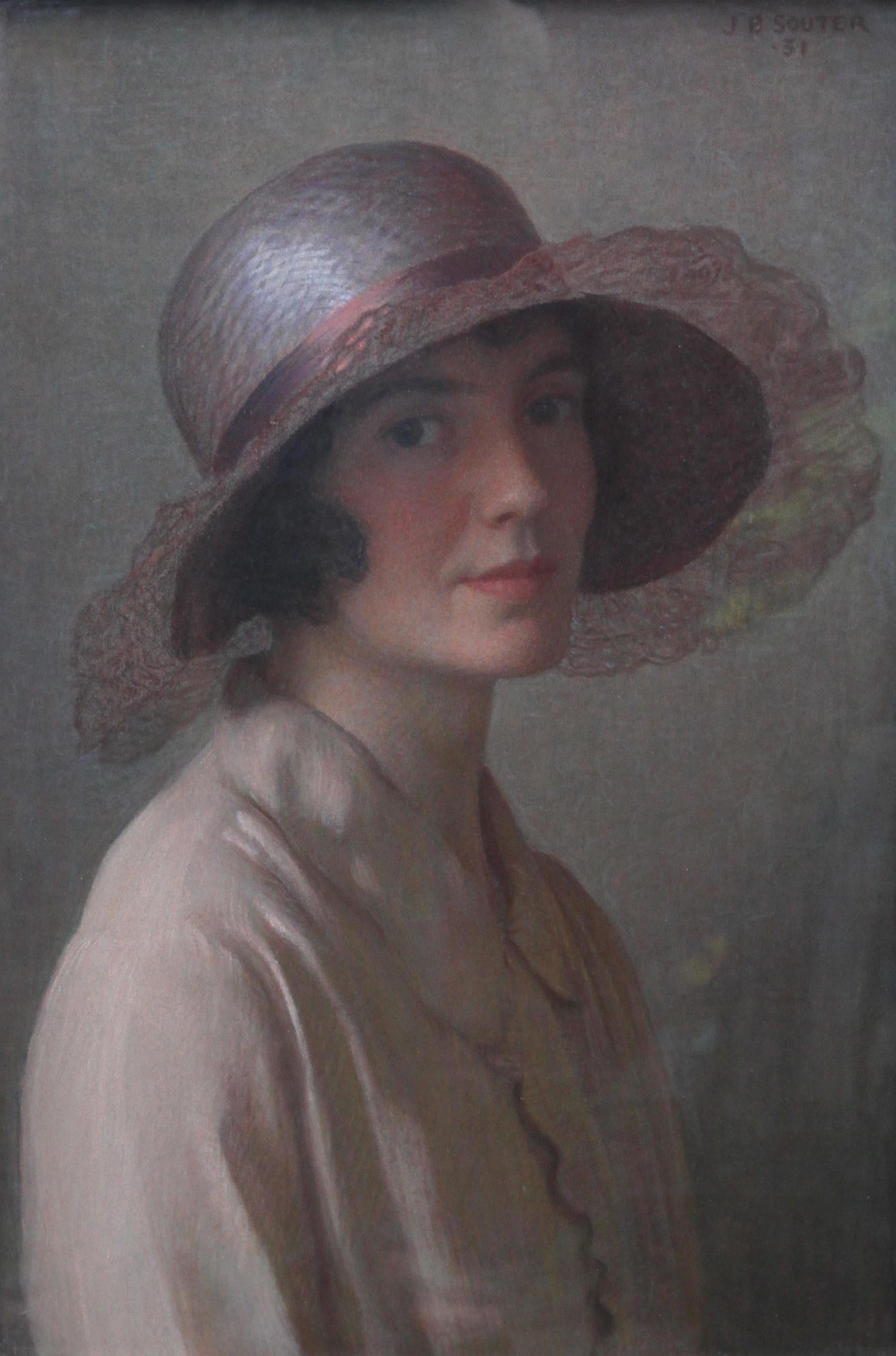 The Pink Bonnet - Scottish art oil pastel portrait painting of artist's wife - Painting by John Bulloch Souter
