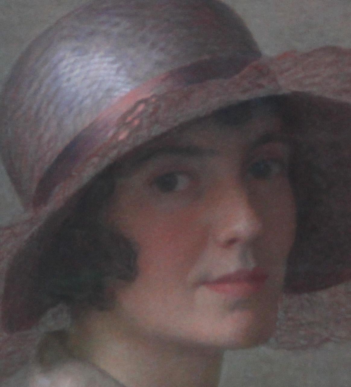 The Pink Bonnet - Scottish art oil pastel portrait painting of artist's wife - Realist Painting by John Bulloch Souter